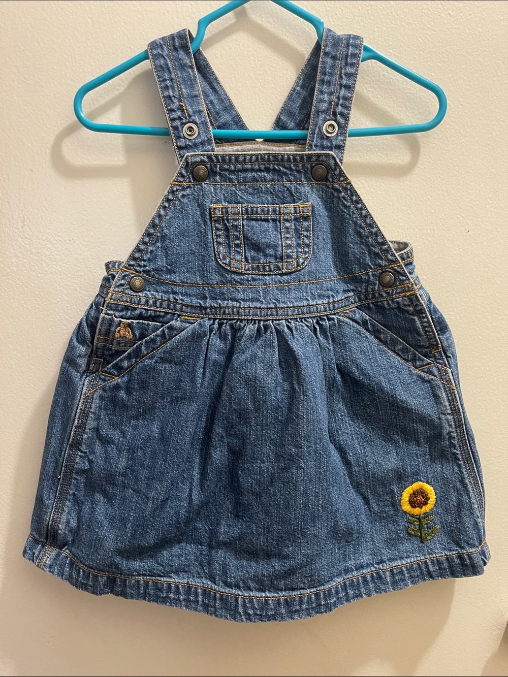 GAP Blue Denim Sunflower Overall Dress Sz 6/12M